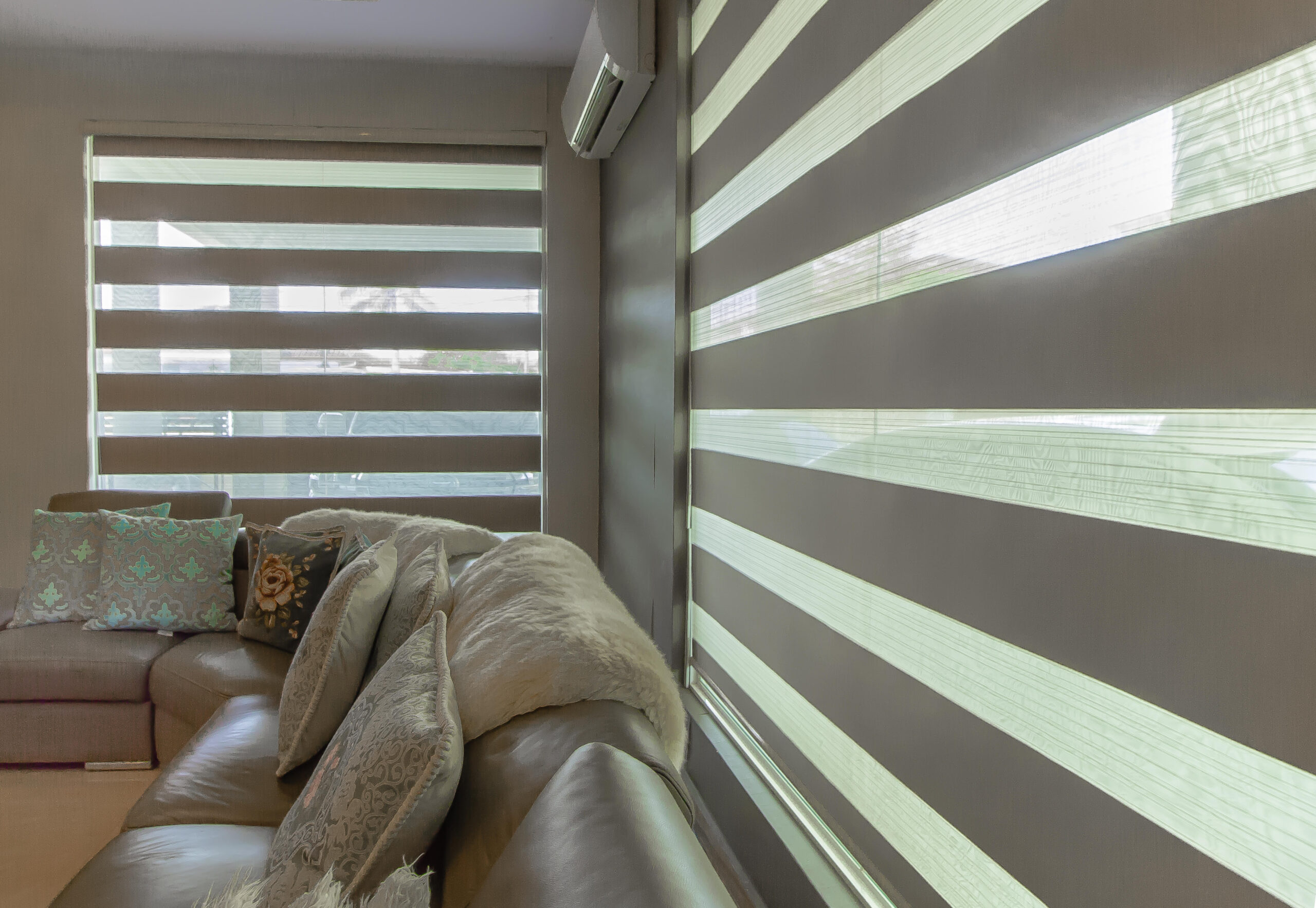 Zebra blind curtain installed in a living room for modern privacy, soft daylight control, and stylish window coverage.